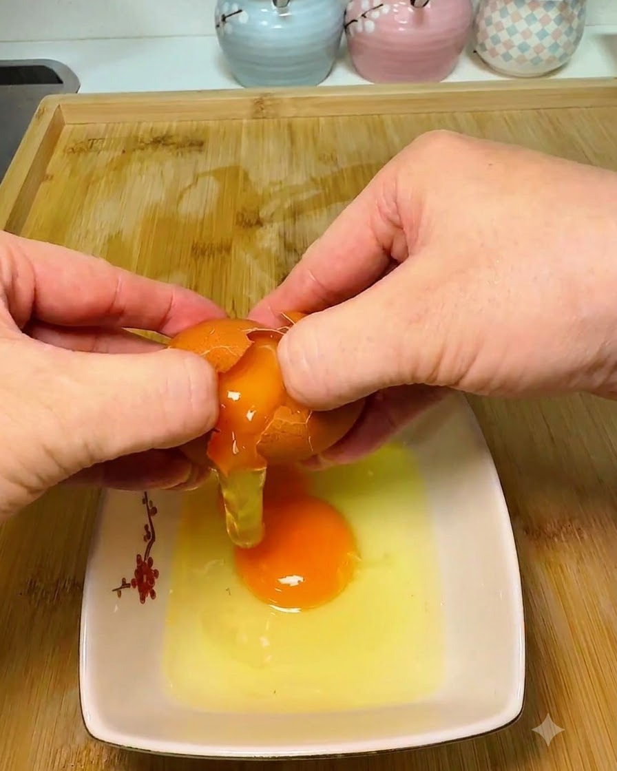 Cuatro huevos enteros en un tazón blanco con chile en polvo y agua de almidón vertiéndose sobre ellos.